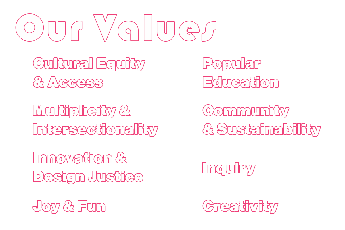 AA&M organization values: cultural equity & access, multiplicity & intersectionality, innovation & design justice, joy & fun, popular education, community & sustainability, inquiry, creativity